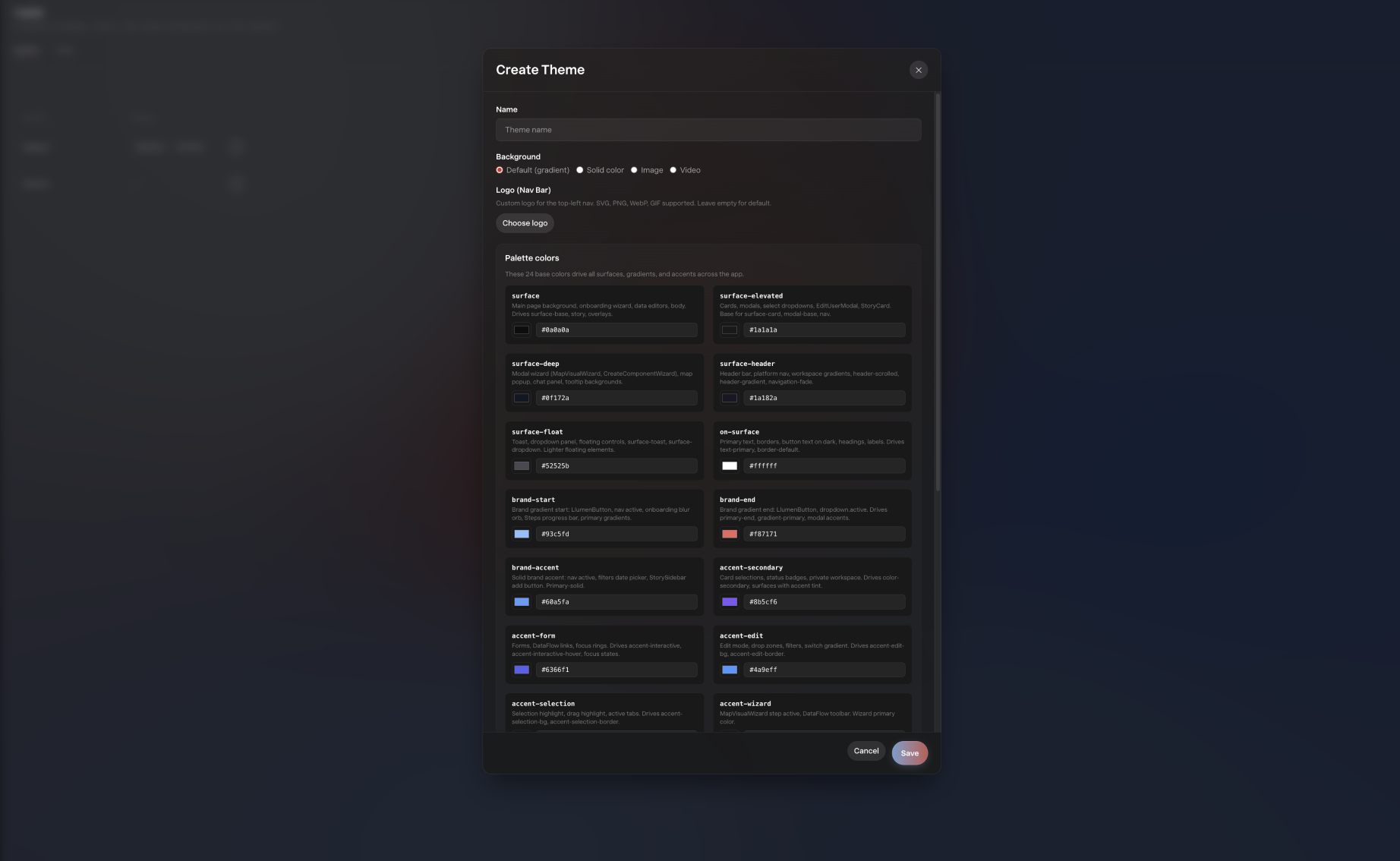 Create Theme — palette colors, background, and logo options